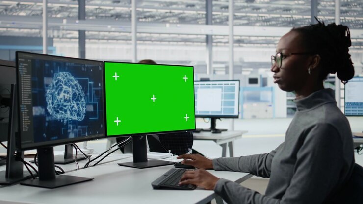 Donna afroamericana che lavora al computer con display a schermo verde