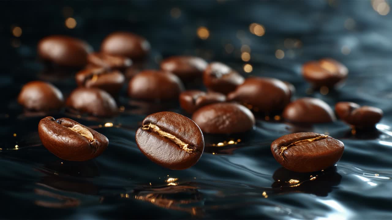 A Close-Up Exploration of Rich, Roasted Coffee Beans Floating Elegantly on a Lustrous Surface, Capturing Their Glossy Texture and Intricate Details in an Artistic Presentation