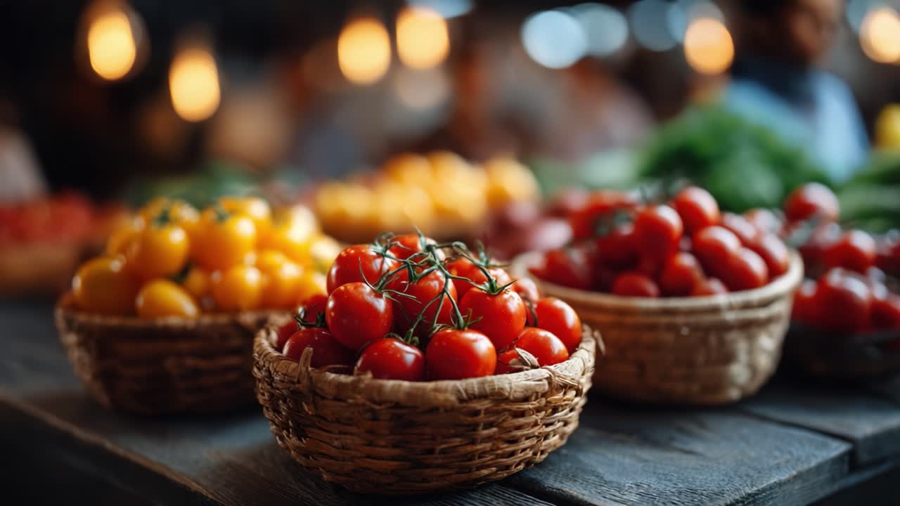 Freshly Harvested Tomatoes Displayed in Baskets at a Vibrant Market, Showcasing Bright Red and Yellow Varieties Under Soft Ambient Lighting
