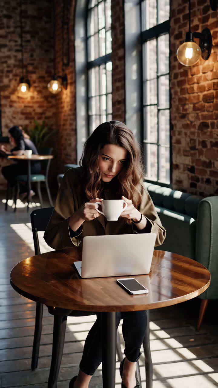 Donna che lavora e beve caffè in una caffetteria moderna