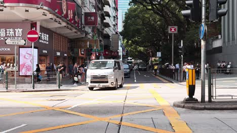 cars and pedestrians at a bustling intersection