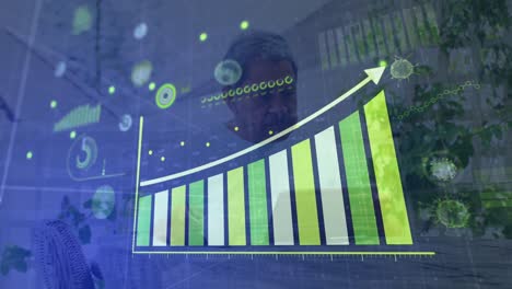 Animation-of-graph-and-covid-19-virus-cells-over-man-using-tablet