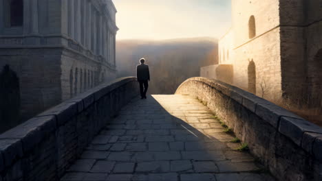 a person walking on an old stone bridge at sunset