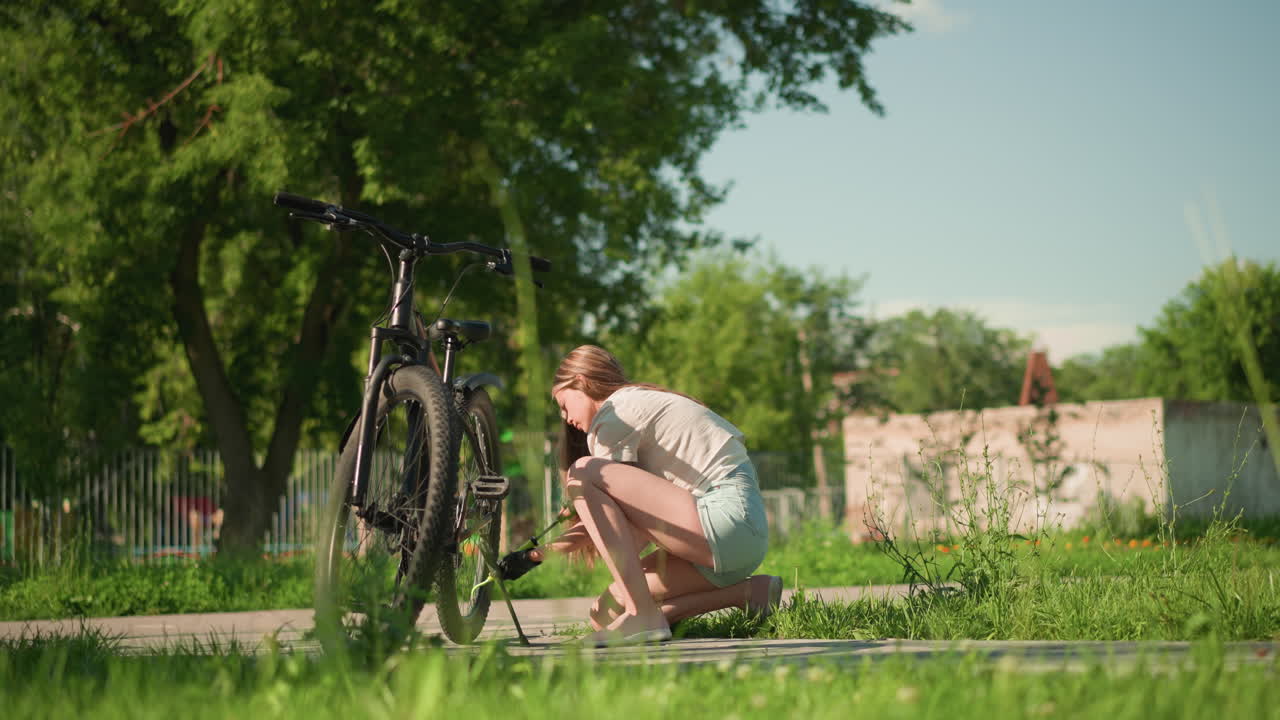 Young lady squatting to pump air into bicycle tire with green nozzle, bicycle in sharp focus, and blurred background of fence, trees, and sunlit outdoor setting