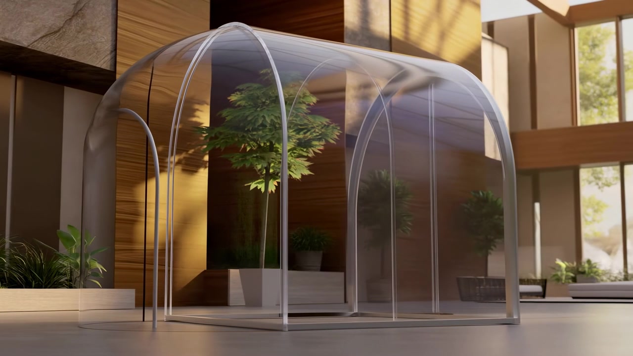 Un leggero movimento laterale rivela un chiaro riparo ad arco che circonda un albero frondoso in una fioriera quadrata, con riflessi morbidi, calda luce solare, ampie finestre e piante stratificate