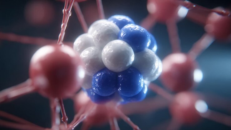 Karmaşık Atomik Yapı, Çarpıcı Detaylarla Betimlenmiş; Bilimsel Bir Görselleştirmede Renkli Çekirdekler ve Bağlarla Parçacıkların Karmaşık Etkileşimlerini Sergiliyor