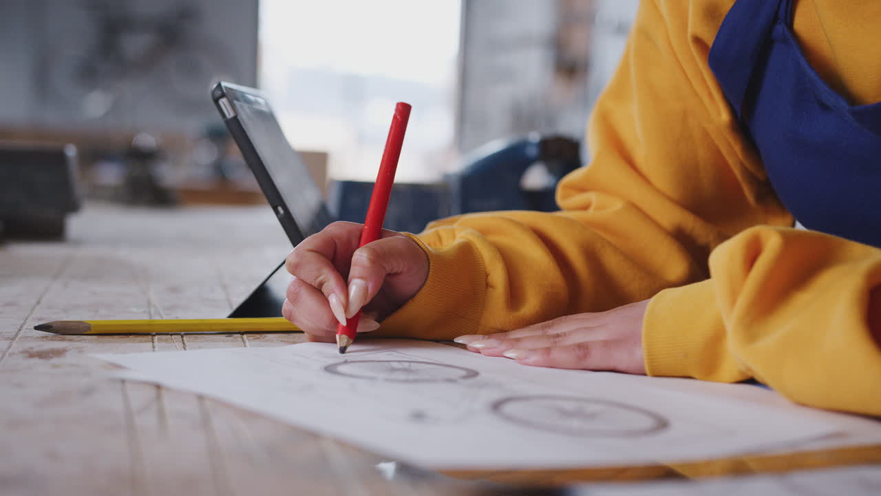 워크에서 여성 사업주가 자전거 계획에 대한 메모를 하고 있습니다.