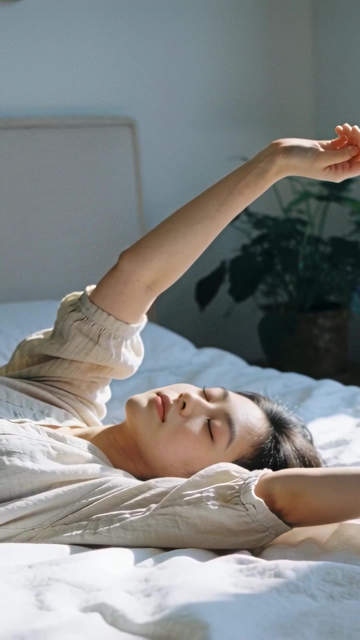 Vertical video: Stretching woman raising arms as waking on bed, wearing loose top, plant and canvas