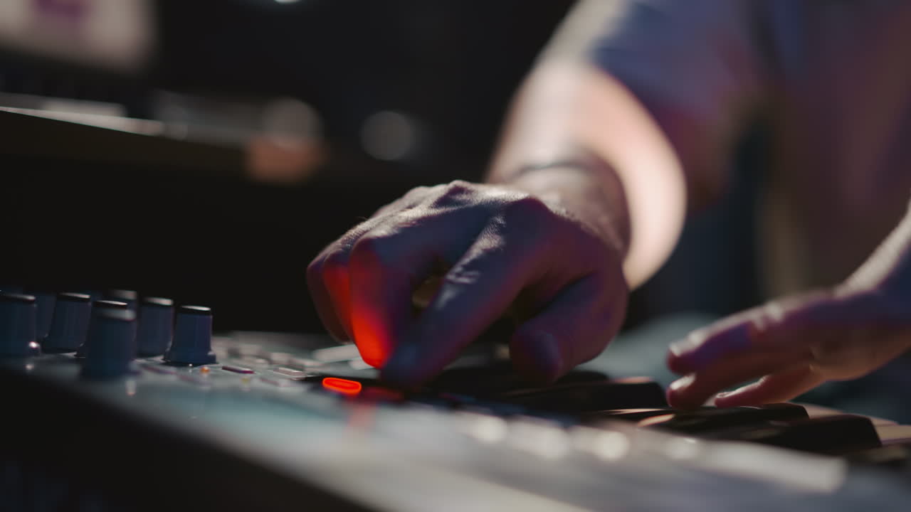 el educador comprueba la consola en el piano digital. el maestro organiza el equipo musical para el alumno durante la sesión. el mentor supervisa el sonido del piano eléctrico