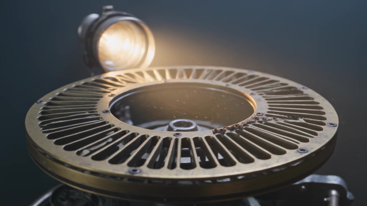Eine Lampe auf einer Halterung beleuchtet eine belüftete Messingscheibe im Studio, wobei Staubpartikel und ein Schmutz sammelnder Rand sichtbar werden.