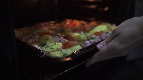 A-woman-put-a-roast-chicken-with-potatoes-in-the-traditional-oven-in-a-classic-kitchen-in-slow-motion