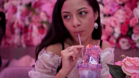 gorgeous and sexy woman enjoys drinking a colorful taro frappe in pink-themed cafeteria in times of coronavirus pandemic while smiling while beautiful waffle blurred in front - tilt up camera shot