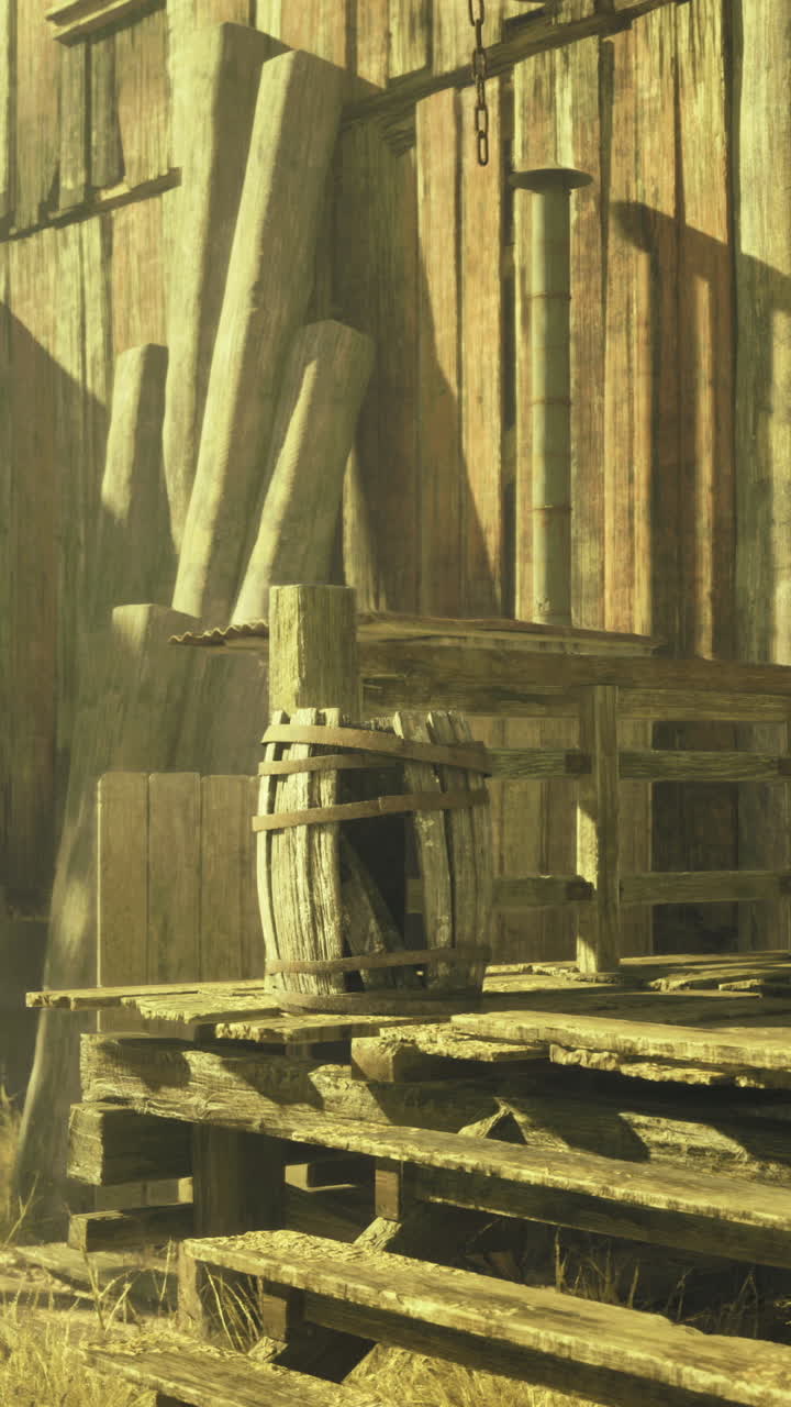 Rustic barn interior with wooden structures and tools in a rural setting