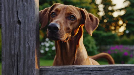curious dog by wooden fence