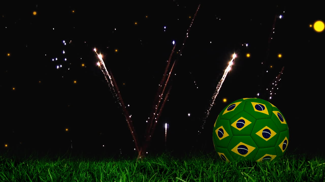 animación de fuegos artificiales sobre una pelota de fútbol con banderas de portugal
