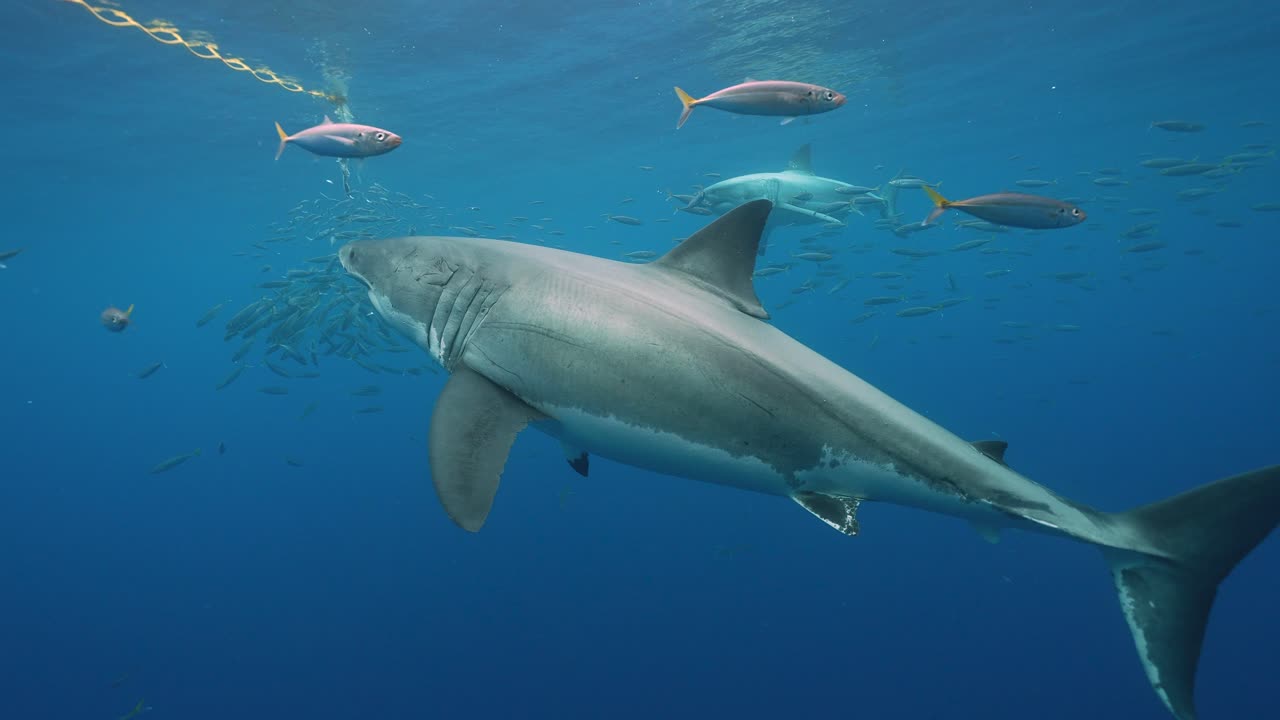 Two Great White Sharks approache bait, getting close and swimming by while cage diving at the island of Guadalupe, Mexico. Slow motion shot
