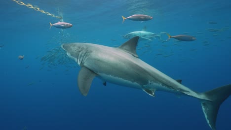two great white sharks approache bait, getting close and swimming by while cage diving at the island of guadalupe, mexico. slow motion shot