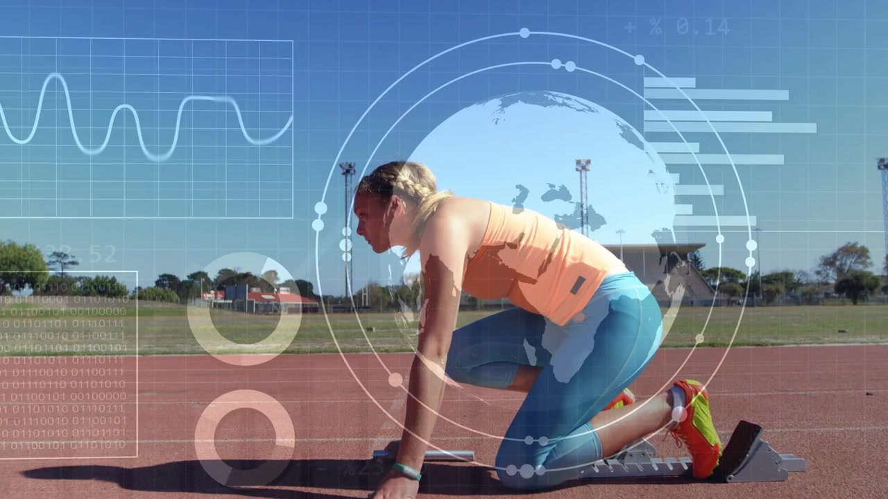 Girl athlete placing hands on track, moving into blocks causing HUD globe charts giving sports data