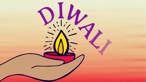 animación de feliz texto de diwali y vela en fondo naranja