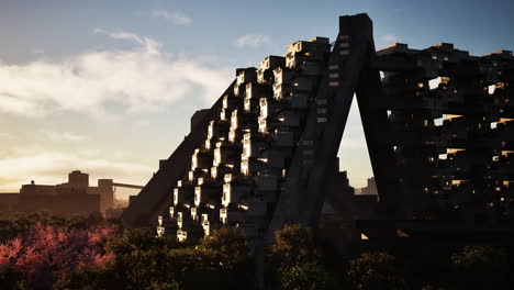 futuristic architecture: a triangular skyscraper in a cityscape