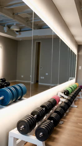 modern gym with dumbbells and mirrors