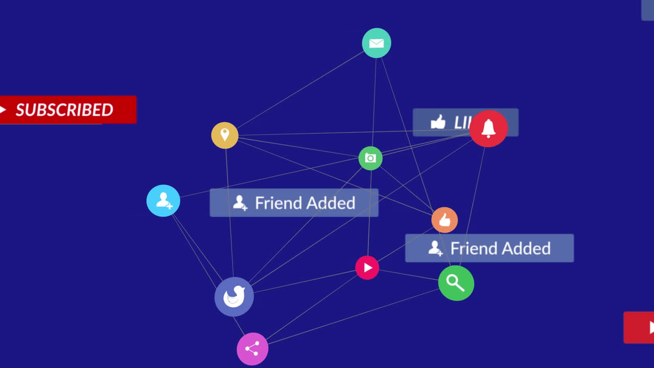 보라색 배경 위에 디지털 아이콘이 있는 배너에 있는 소셜 미디어 텍스트의 애니메이션