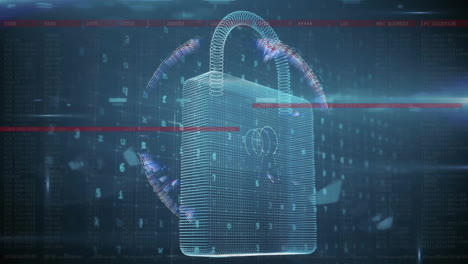 animation of financial data processing and padlock over dark background
