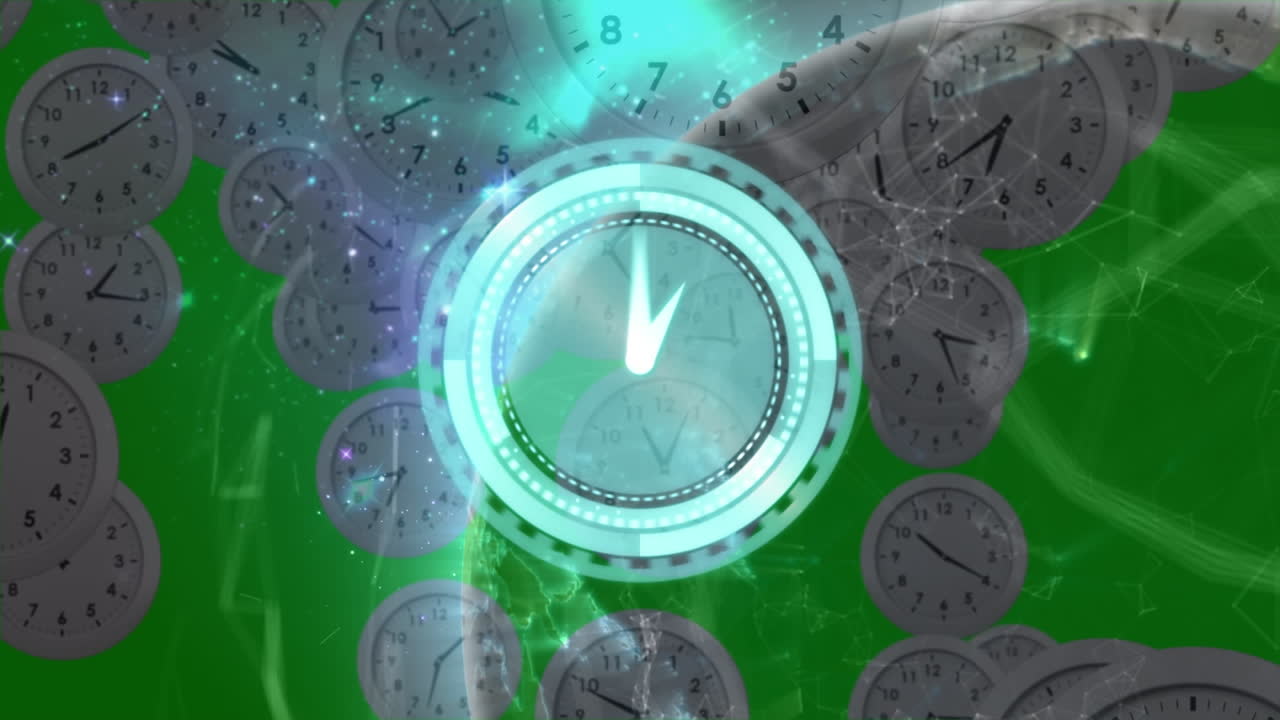 움직이는 시계 위에 있는 지구의 애니메이션