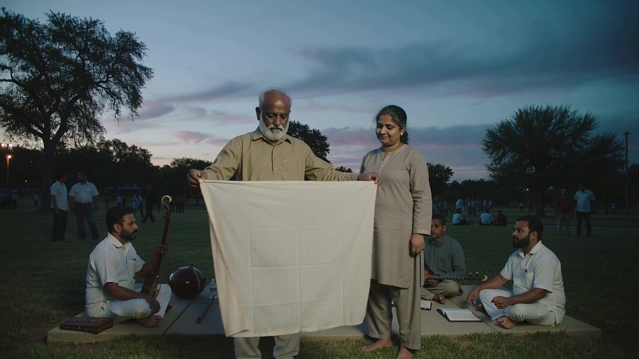 Inspecting and unfolding senior man in kurta presenting cloth on platform at dusk, woman watching