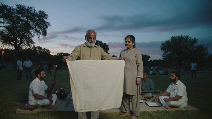 Inspecting and unfolding senior man in kurta presenting cloth on platform at dusk, woman watching