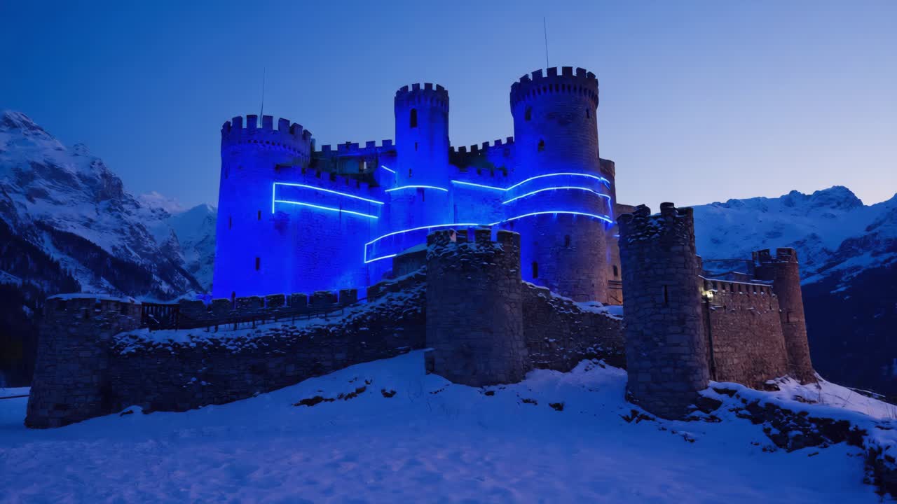 Illuminated Castle at Night in Winter