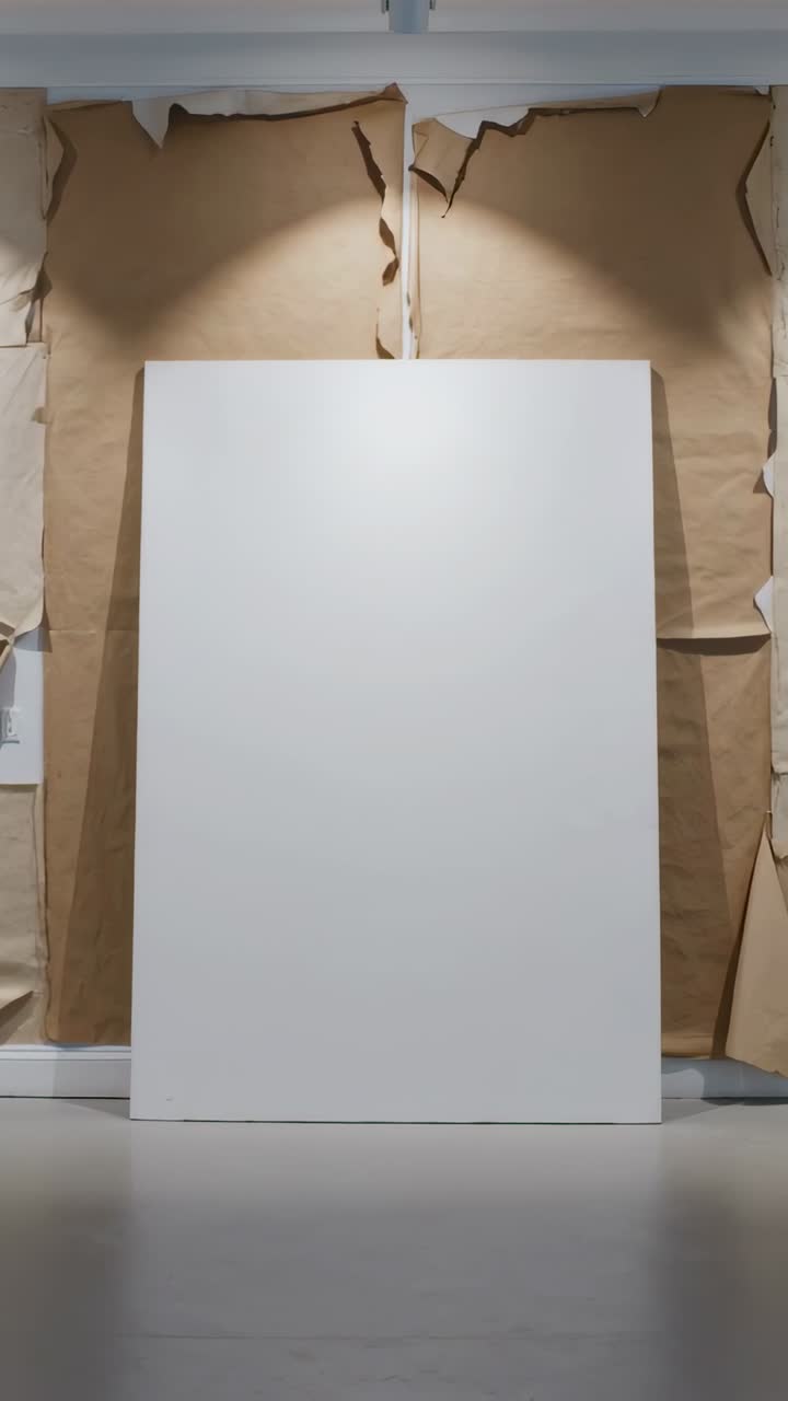 Video verticale: Telecamera in movimento che mostra una tela bianca che riempie lo studio, con una parete in carta kraft e un faretto