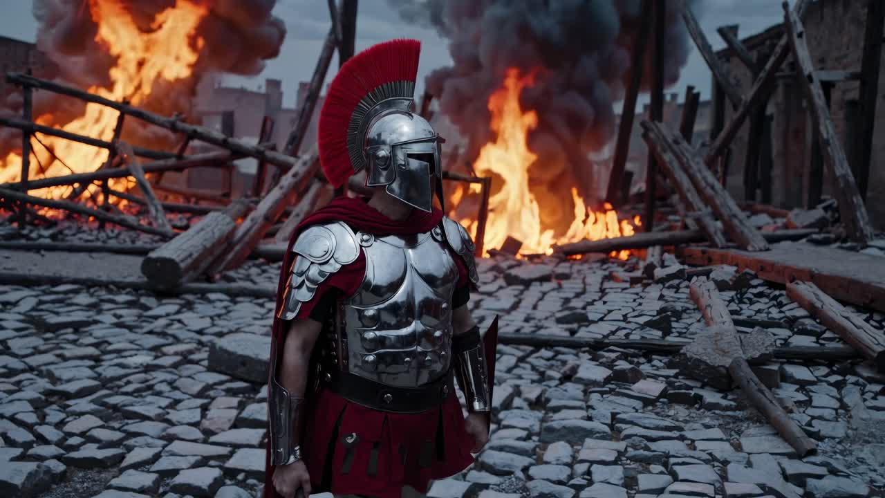 A dramatic video scene with a low-angle shot of a Roman soldier in armor, standing amidst a fiery