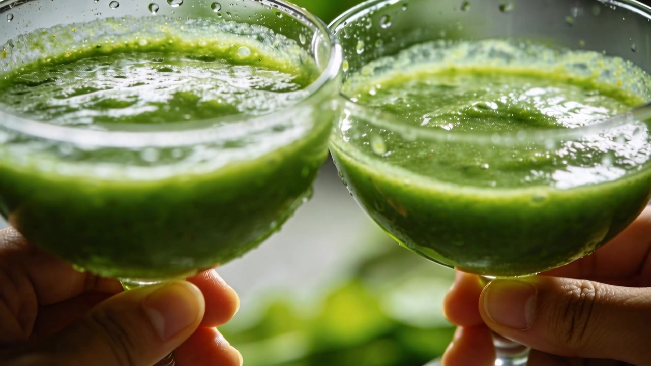 Due mani che brindano con coppe a casa vicino alla finestra, condividendo una bevanda frullata verde.
