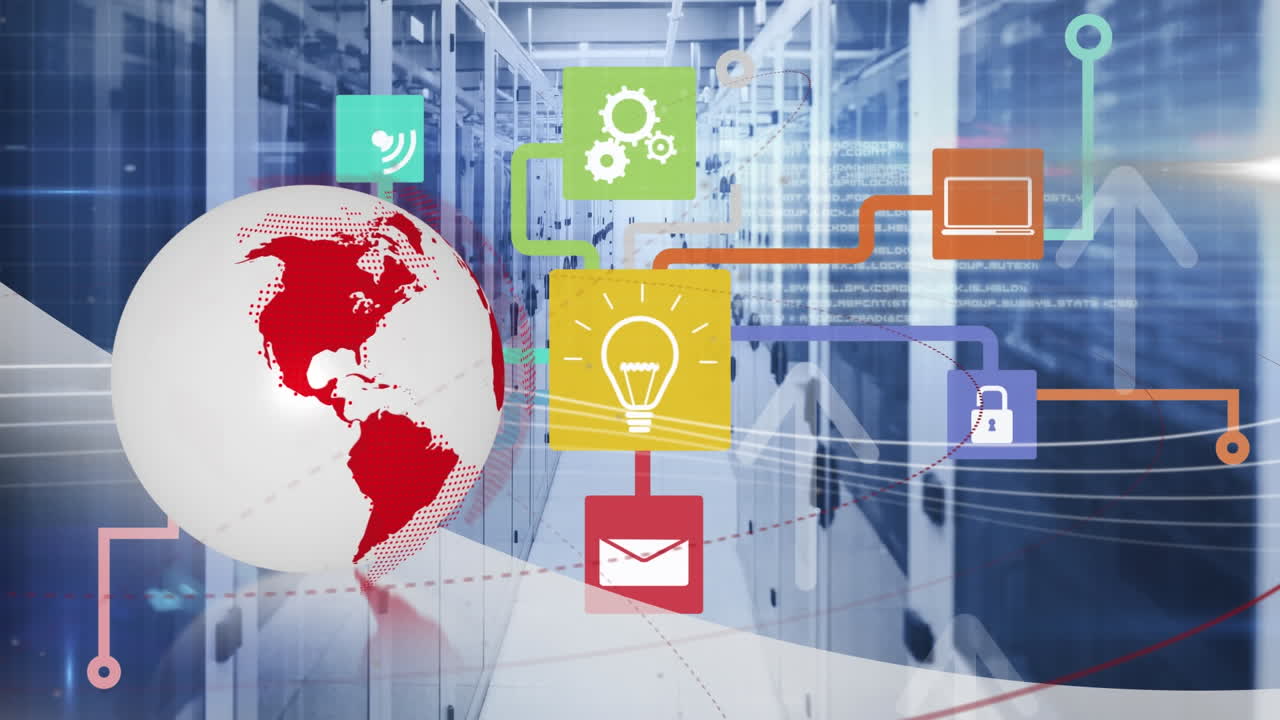 서버 을 통해 아이콘으로 연결된 글로브와 네트워크의 애니메이션