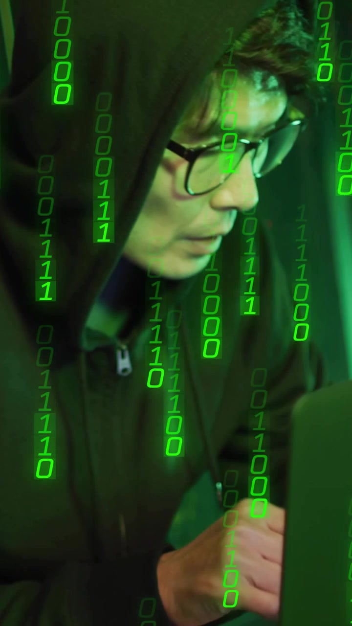 Video verticale: Uomo incappucciato chinato sul laptop mentre un codice binario verde scorre, digita e controlla il codice.