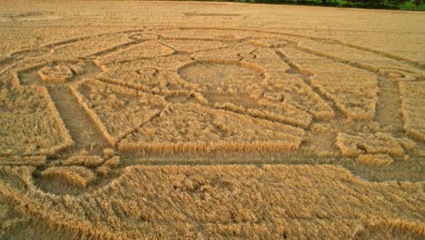 Mysterious-Fortnite-game-atom-crop-circle-pattern-sunset-farmland-wheat-field-aerial-view-in-Uffcot-low-reverse-rising