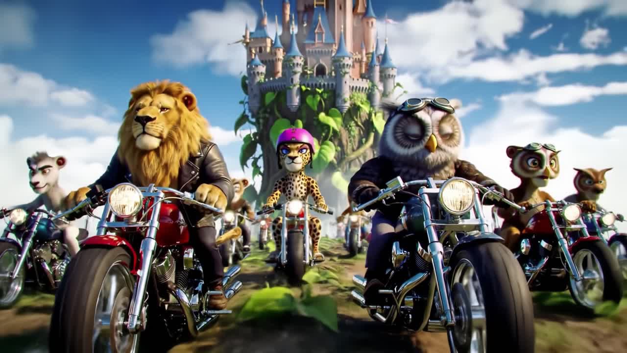 An Epic Adventure: A Fierce Animal Motorcycle Gang Riding Through a Vibrant Fantasy World Surrounded by Nature and Majestic Structures