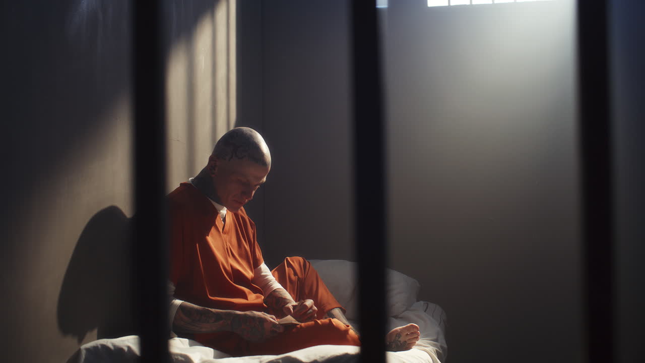 Tattooed Inmate Sitting on Prison Bed, Thoughtfully Writing on Paper