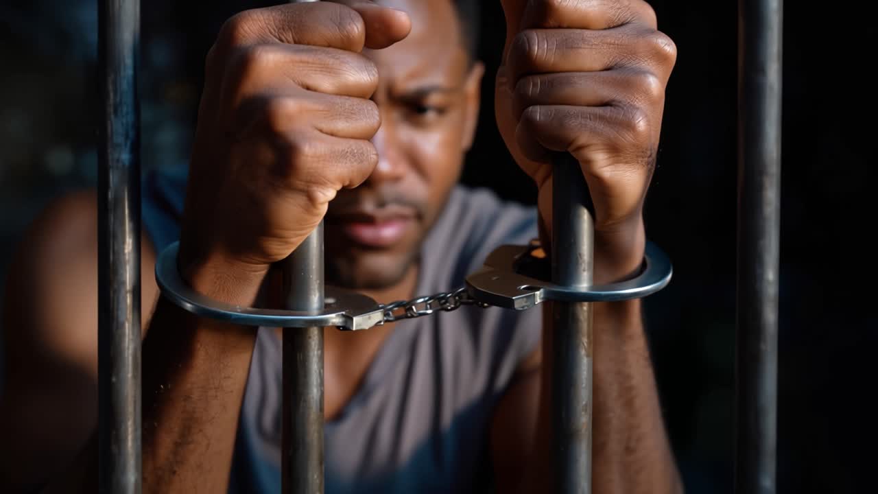 Un uomo afferra saldamente le sbarre, le mani ammanettate. Il suo volto mostra tensione, frustrazione e stanchezza. L'oscurità lo circonda, enfatizzando il confinamento. Questa scena trasmette prigionia, lotta e isolamento.
