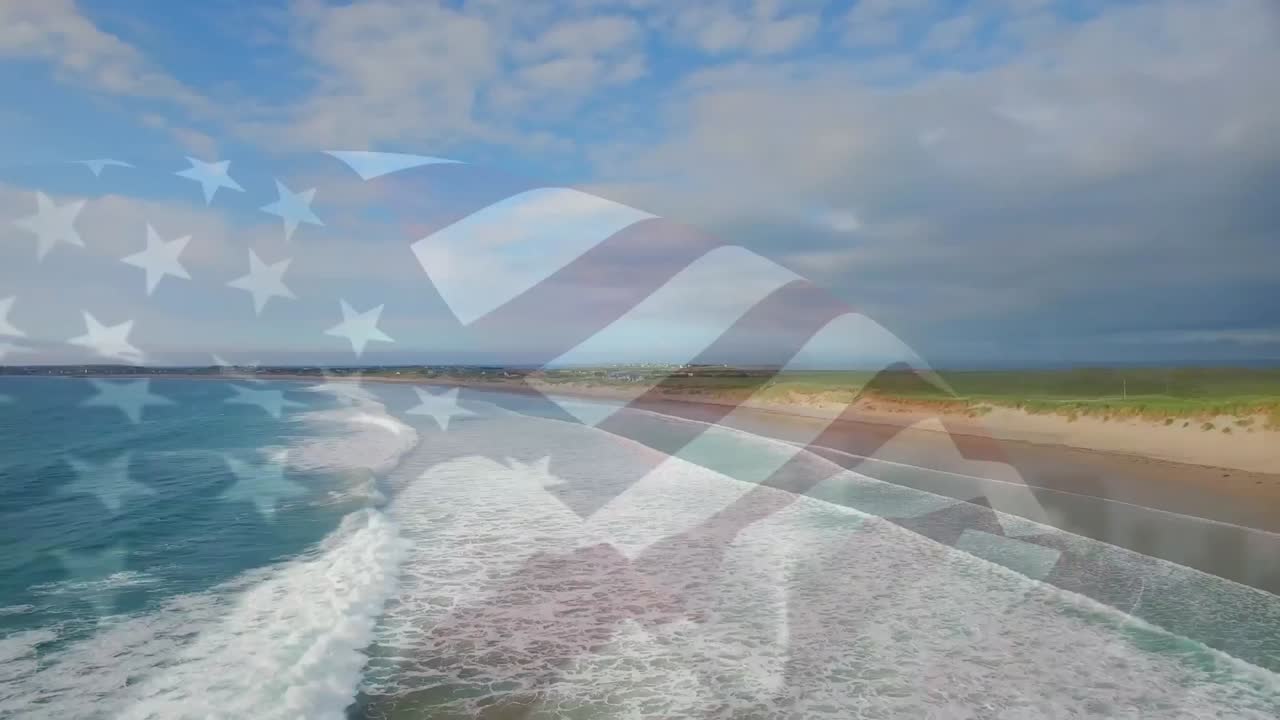 animación de la bandera de los estados unidos de américa soplando sobre el paisaje de la playa y las olas en el mar azul