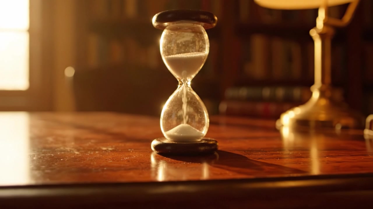 Una bella clessidra catturata al tramonto su una scrivania con un bagliore caldo, che simboleggia il tempo che passa, la riflessione e l'importanza dei momenti nelle nostre vite.