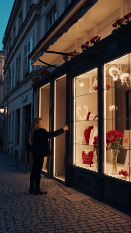 woman looking at a romantic shop window display at night in a european city