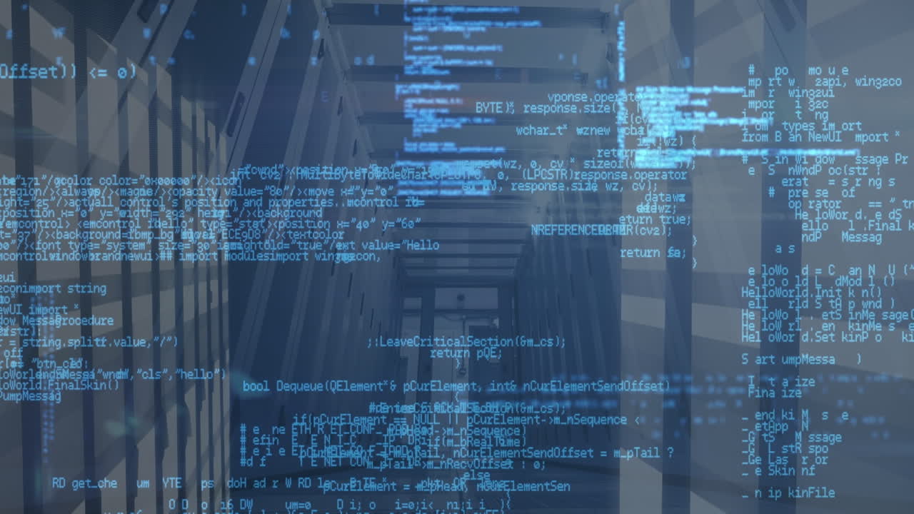 animación del procesamiento de datos en una sala de servidores de computadoras vacía