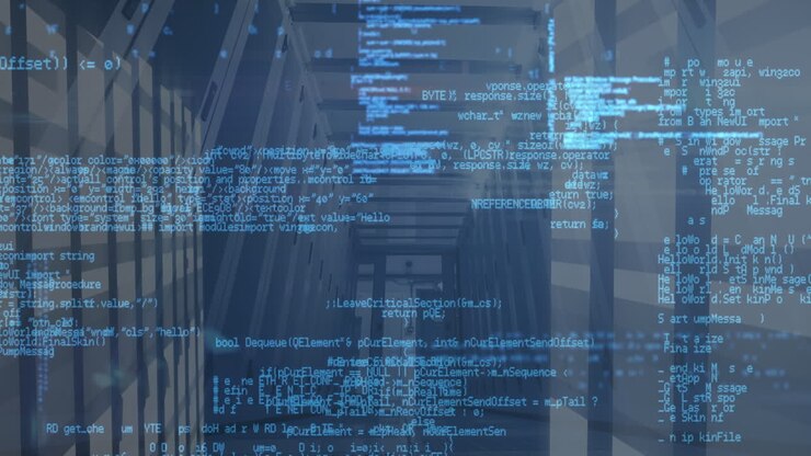 Animation of data processing over empty computer server room