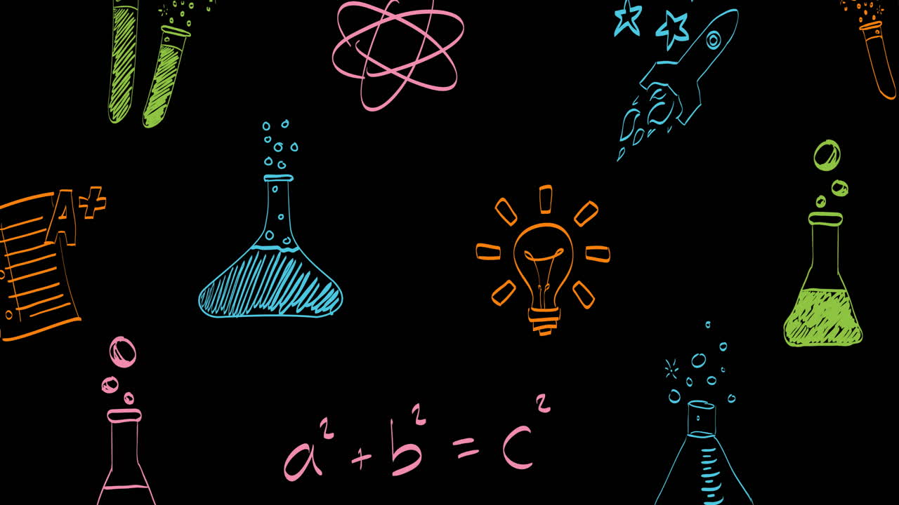 animación del procesamiento de datos científicos e íconos sobre un fondo negro