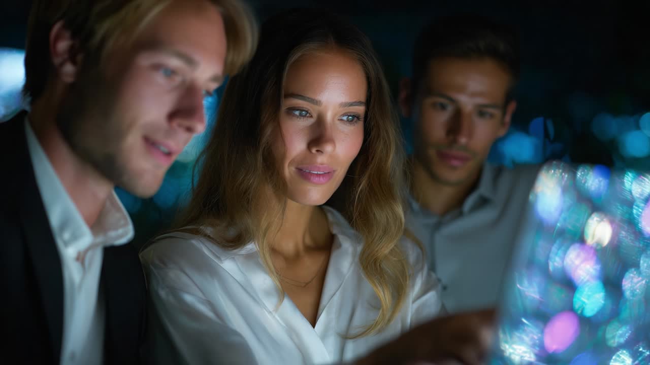 A group of young professionals engaging with a digital screen during a late-night meeting, showcasing collaboration and focus in a modern workspace, illuminated by colorful lights reflecting on their faces
