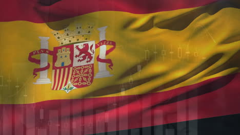 animation of financial data processing over flag of spain