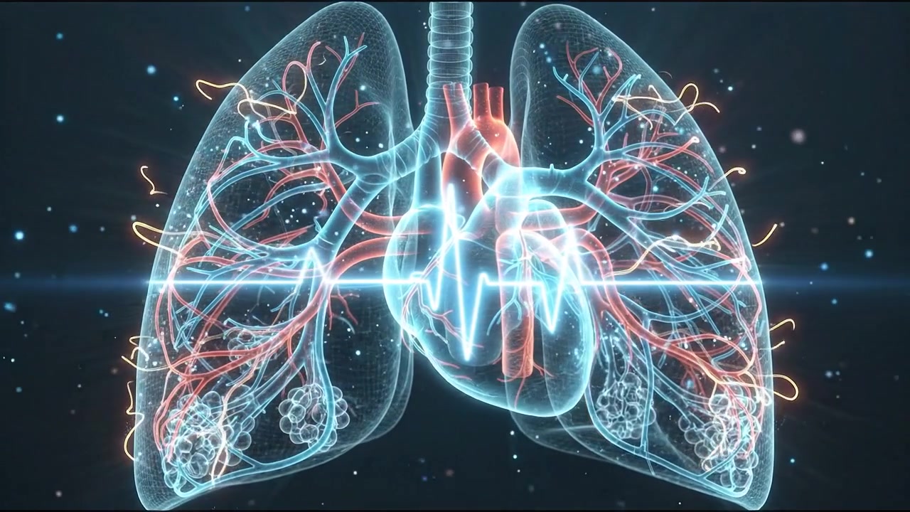 Animazione medica 3D di polmoni e cuore umani con impulso ECG