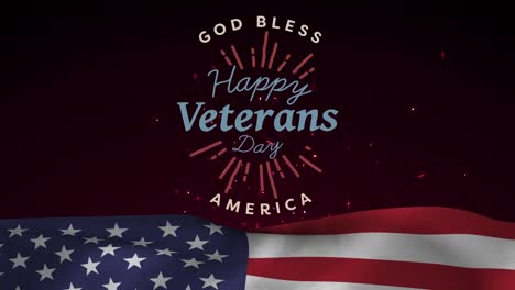 animation of veterans day text and usa waving flag over dark background